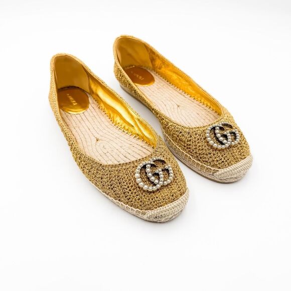 Gucci Lilibeth GG Pearl Crochet Espadrille Flats Metallic Gold EU 40 US 10 - Picture 1 of 10